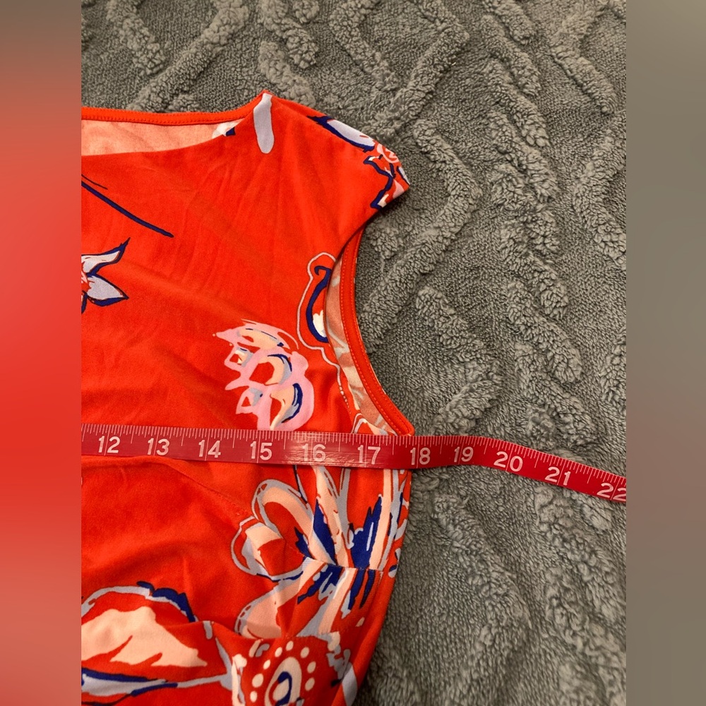 Chaps Bright Orange Midi Floral Dress w Side Ruching, Size Large - Picture 7 of 12